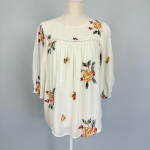 ANTHRO Fig & Flowers Floral Embroidered 3/4 Sleeve Top Sz M